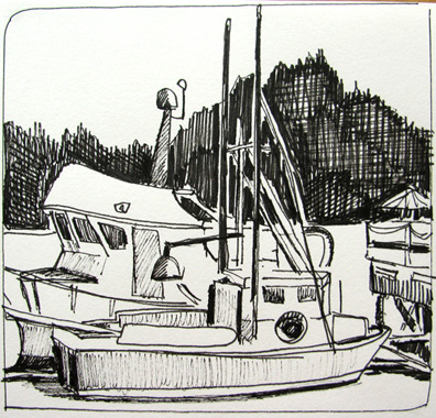 sketch of boats in Florence, Oregon by Carolee Clark